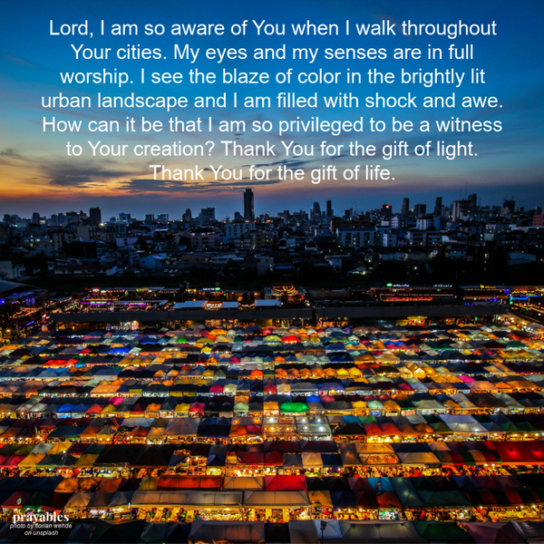 Lord, I am so aware of You when I walk throughout Your cities. My eyes and my senses are in full worship. I see the blaze of color in the brightly lit urban landscape and I am filled with shock and awe. How can it be that I am so
privileged to be a witness to Your creation? Thank You for the gift of light. Thank You for the gift of life.