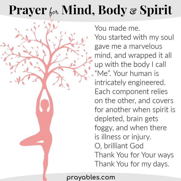 You made me. You started with my soul, gave me a marvelous mind, and wrapped it all up with the body I call “Me”. Your human is intricately engineered. Each component relies
on the other, and covers for another when the spirit is depleted, the brain gets foggy, and when there is illness or injury. O, brilliant God, Thank You for Your ways, thank You for my days.