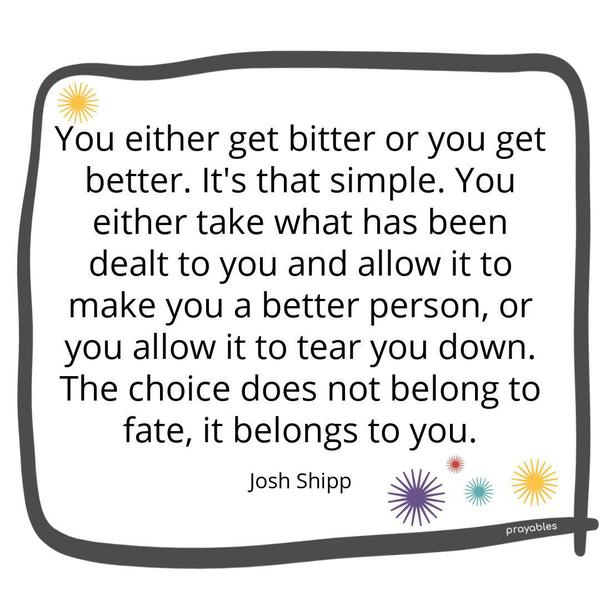 You either get bitter or you get better. It’s that simple. You either take what has been dealt to you and allow it to make you a better person, or you allow it to tear you down. The choice
does not belong to fate, it belongs to you. Josh Shipp