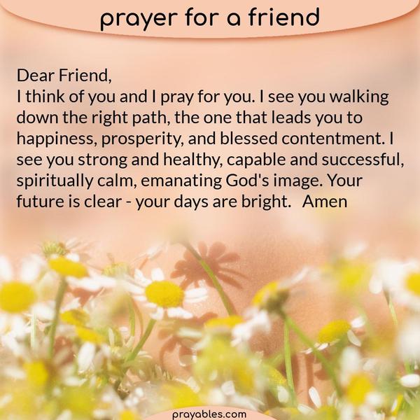 Dear Friend, I think of you and I pray for you. I see you walking down the right path, the one that leads you to happiness, prosperity, and blessed contentment. I see you
strong and healthy, capable and successful, spiritually calm, emanating God’s image. Your future is clear – your days are bright.   Amen