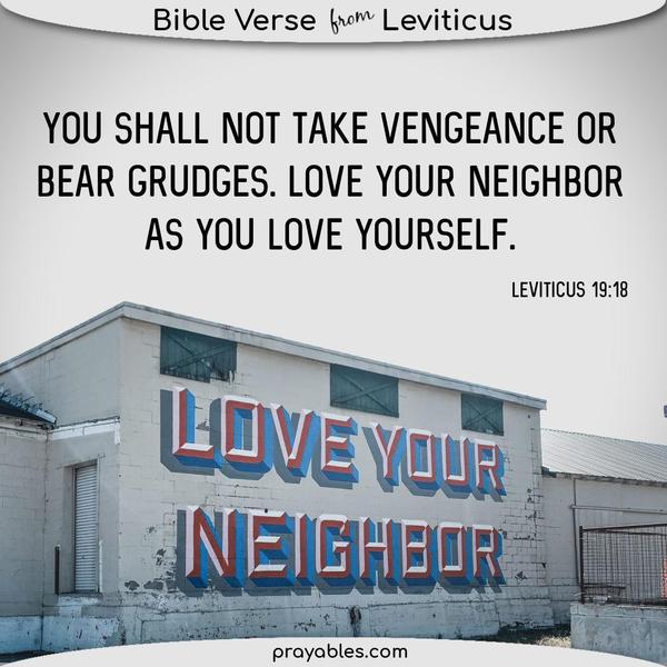 Leviticus 19:18 You shall not take vengeance or bear grudges. Love your neighbor as you love yourself.