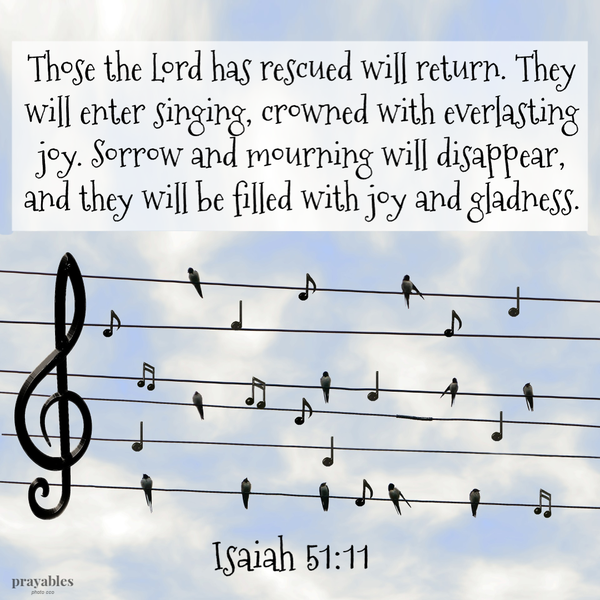 Isaiah 51:11 Those the Lord has rescued will return. They will enter singing, crowned with everlasting joy. Sorrow and mourning
will disappear, and they will be filled with joy and gladness.  