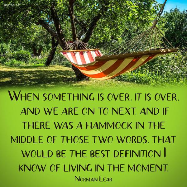 When something is over, it is over, and we are on to next, and if there was a hammock in the middle of those two words, that would be the best definition I know of living in the moment.
Norman Lear