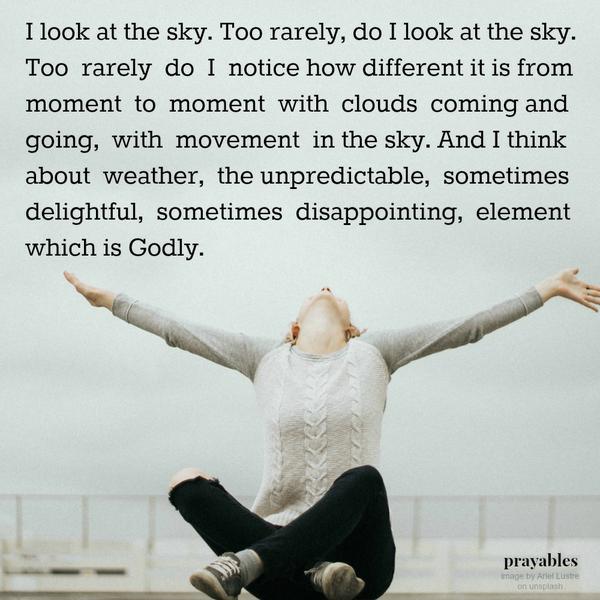 I look at the sky. Too rarely, do I look at the sky. Too rarely do I notice how different it is from moment to moment with clouds coming and going, with movement in the sky. And I think about weather, the unpredictable, sometimes
delightful, sometimes disappointing, element which is Godly.