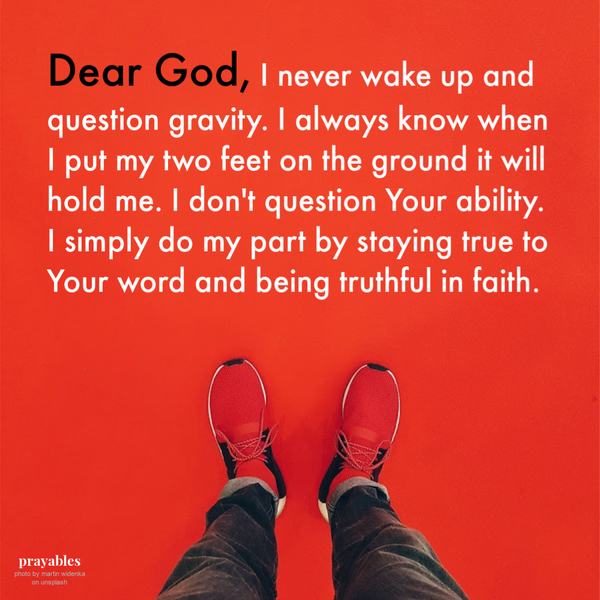 Dear God, I never wake up and question gravity. I always know when I put my two feet on the ground it will hold me. I don’t question Your ability. I simply do my part by staying true to Your word and being truthful in faith.