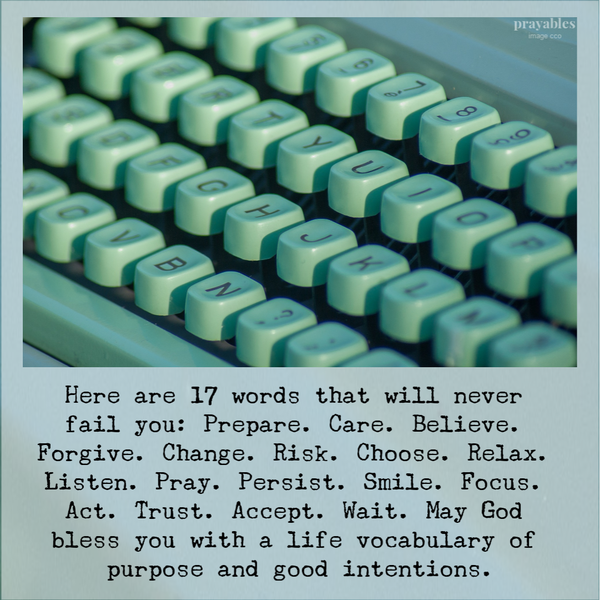 Here are 17 words that will never fail you: Prepare. Care. Believe. Forgive. Change. Risk. Choose. Relax. Listen. Pray. Persist. Smile. Focus. Act. Trust. Accept. Wait. May God bless you with a life vocabulary of purpose and good intentions.