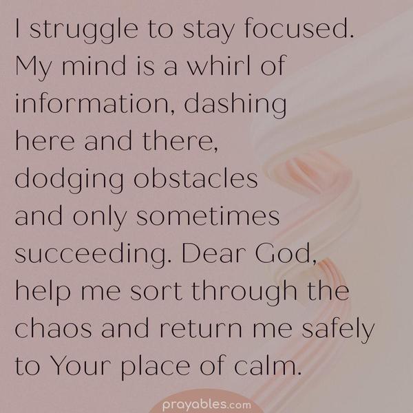 I struggle to stay focused. My mind is a whirl of information, dashing here and there, dodging obstacles, and only sometimes succeeding. Dear
God, help me sort through the chaos and return me safely to Your place of calm.