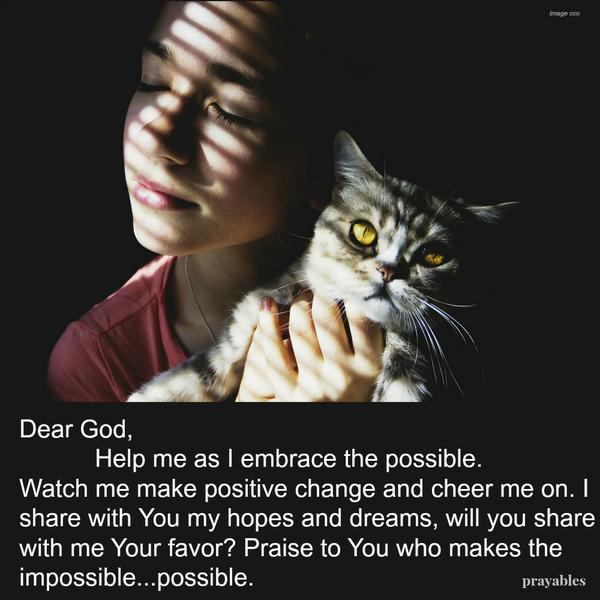 Dear God, Help me as I embrace the possible. Watch me make positive change and cheer me on. I share with You my hopes and dreams, will you share with me Your favor? Praise to You who makes impossible…possible.