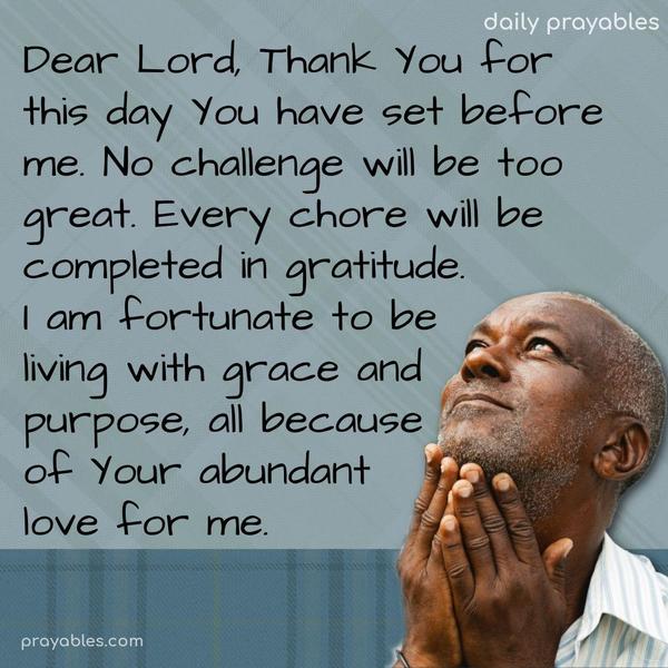 Dear Lord, Thank You for this day You have set before me. No challenge will be too great. Every chore will be completed in gratitude. I am fortunate to be living with grace and purpose because of Your abundant love for me.