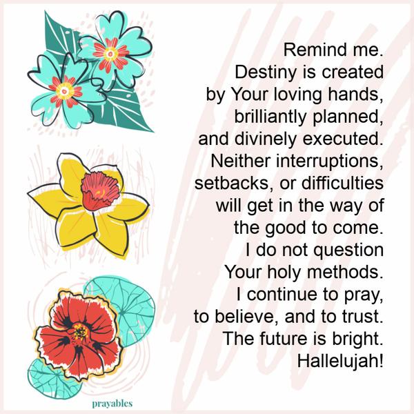 Remind me that my destiny is created by Your loving hands, brilliantly planned, and divinely executed. Neither interruptions, setbacks, or difficulties will get in the way of
the good in store for me. I will not question Your holy methods, I will only continue to pray, to believe, and to trust. Hallelujah! The future is indeed bright.