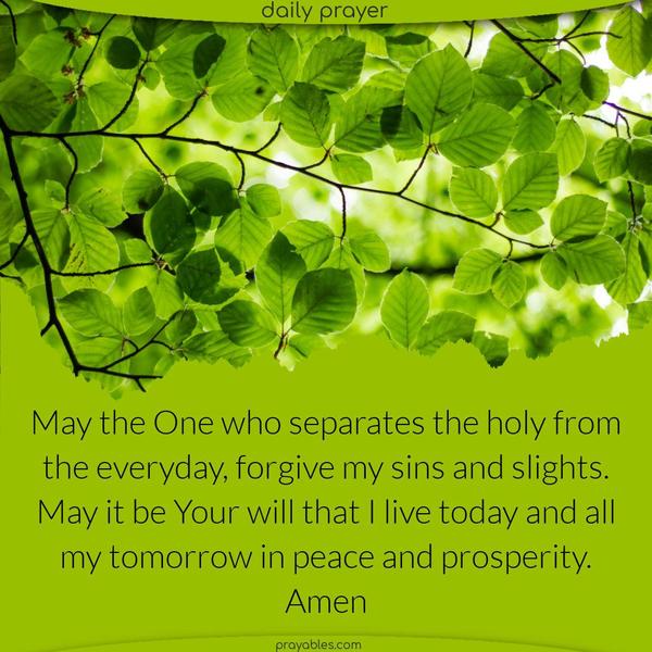 May the One who separates the holy from the everyday, forgive my sins and slights. May it be Your will that I live today and all my tomorrow in peace and prosperity. Amen