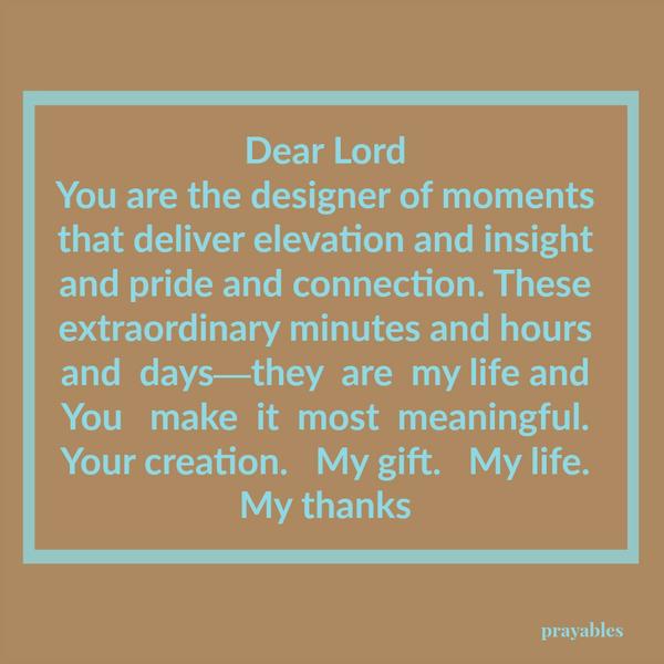 Dear Lord You are the designer of moments that deliver elevation and insight and pride and connection. These extraordinary minutes and hours and days—they are my life and You make it most meaningful. Your creation. My gift. My life.
My thanks.