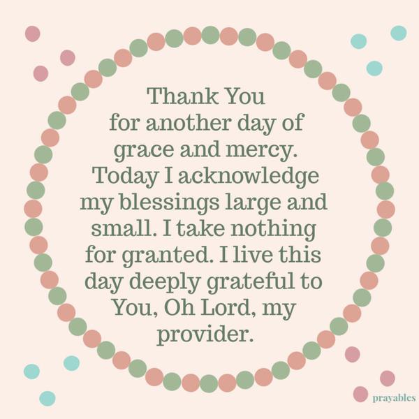 Thank You for another day of grace and mercy. Today I acknowledge my blessings large and small – I take nothing for granted, I live this day deeply grateful to You Oh Lord,
my provider.