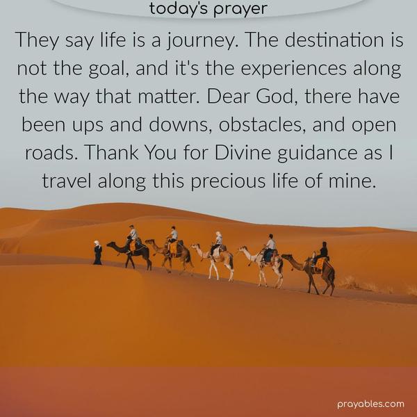 They say life is a journey. The destination is not the goal, and it’s the experiences along the way that matter. Dear God, there have been ups and downs, obstacles, and open roads. Thank You for Divine guidance as I travel along this precious life of mine.