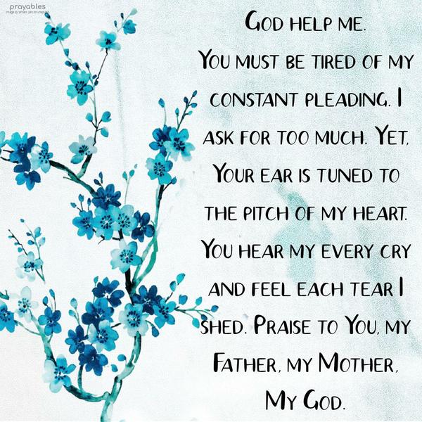 God help me. You must be tired of my constant pleading. I ask for too much. Yet, Your ear is tuned to the pitch of my heart. You hear my every cry and feel each tear I shed. Praise to You,
my Father, my Mother, My God.