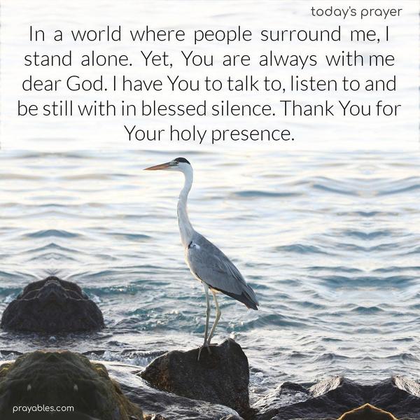 In a world where people surround me, I stand alone. Yet, You are always with me, dear God. I have You to talk to, listen to, and be still with, in blessed silence. Thank You for Your holy presence.
