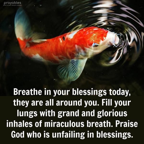 Breathe in your blessings today; they are all around you. Fill your lungs with grand and glorious inhales of miraculous breath. Praise God who is unfailing in blessings.