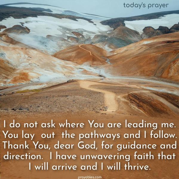 I do not ask where You are leading me. You lay out the pathways, and I follow. Thank You, dear God, for guidance and direction. I have unwavering faith that I will arrive and I will thrive.
