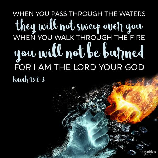 Isaiah 43:2-3 When you pass through the waters they will not sweep over you. When you walk through the fire you will not be burned. For I am the Lord your God.