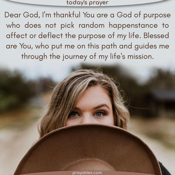 Dear God, I’m thankful You are a God of purpose who does not pick random happenstance to affect or deflect the purpose of my life. Blessed are You, who put me on this path and guides me through the journey of my life’s mission.