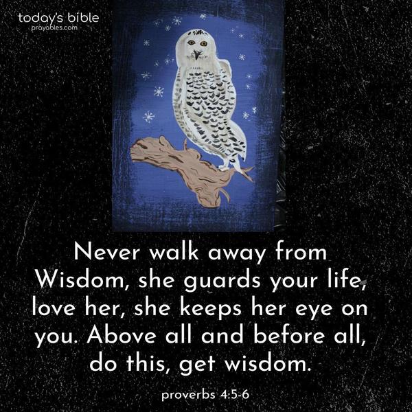 Never walk away from Wisdom, she guards your life, love her, she keeps her eye on you. Above all and before all, do this, get wisdom. Proverbs:4:5-6