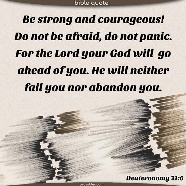 Deuteronomy 31:6 Be strong and courageous! Do not be afraid, and do not panic. For the Lord your God will go ahead of you. He will neither fail you nor abandon you.