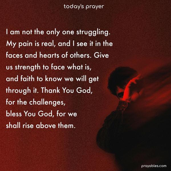 I am not the only one struggling. My pain is real, and I see it in the faces and hearts of others. Give us strength to face what is, and faith to know we will get through it. Thank You God, for the challenges, bless You God, for we shall rise above them.