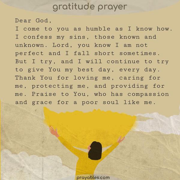 Dear God, I come to you as humble as I know how. I confess my sins, those known and unknown. Lord, you know I am not perfect and I fall short
sometimes. But I try, and I will continue to try to give You my best day, every day. Thank You for loving me, caring for me, protecting me, and providing for me. Praise to You, who has compassion and grace for a poor soul like me.