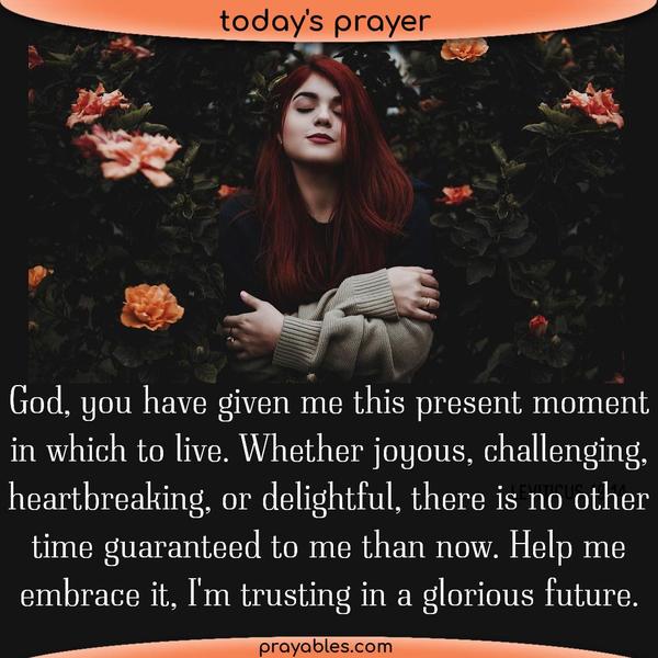 God, you have given me this present moment in which to live. Whether joyous, challenging, heartbreaking, or delightful, there is no other time guaranteed to
me than now. Help me embrace it, I'm trusting in a glorious future.