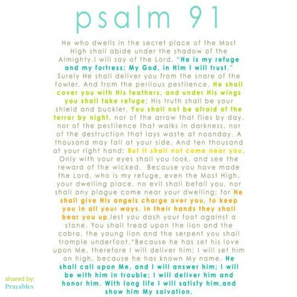 Psalm 91 He who dwells in the secret place of the Most High Shall abide under the shadow of the Almighty. 2 I will say of the Lord, “He is my refuge and my fortress; My God, in Him I will trust.” 3 Surely He shall deliver you from
the snare of the fowler[a] And from the perilous pestilence. 4 He shall cover you with His feathers, And under His wings you shall take refuge; His truth shall be your shield and buckler. 5 You shall not be afraid of the terror by night, Nor of the arrow that flies by day, 6 Nor of the pestilence that walks in darkness, Nor of the destruction that lays waste at noonday. 7 A thousand may fall at your side, And ten thousand at your right hand; But it shall not come near you. 8 Only with your eyes
shall you look, And see the reward of the wicked. 9 Because you have made the Lord, who is my refuge, Even the Most High, your dwelling place, 10 No evil shall befall you, Nor shall any plague come near your dwelling; 11 For He shall give His angels charge over you, To keep you in all your ways. 12 In their hands they shall bear you up, Lest you dash your foot against a stone. 13 You shall tread upon the lion and the cobra, The young lion and the serpent you shall trample underfoot. 14 “Because
he has set his love upon Me, therefore I will deliver him; I will set him on high, because he has known My name. 15 He shall call upon Me, and I will answer him; I will be with him in trouble; I will deliver him and honor him. 16 With long life I will satisfy him, And show him My salvation.”