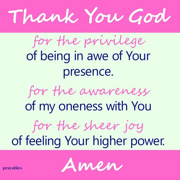 Thank You God for the privilege of being in awe of Your presence. for the awareness of my oneness with You. for the sheer joy of feeling Your higher power.