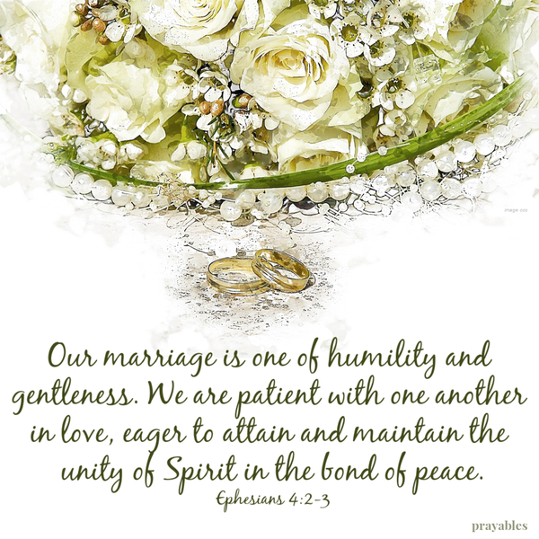 Ephesians 4:2-3  Our marriage is one of humility and gentleness. We are patient with one another in love, eager to attain and maintain the unity of Spirit in the bond of peace.