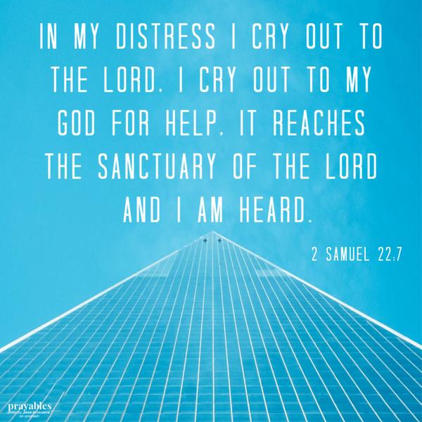 2 Samuel 22:7 In my distress I cry out to the Lord, I cry out to my God for help, it reaches the sanctuary of the Lord and I am heard.