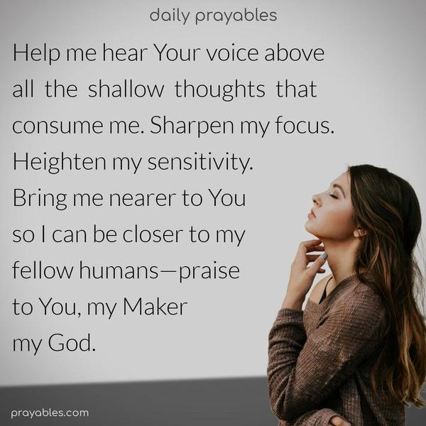 Help me hear Your voice above all the shallow thoughts that consume me. Sharpen my focus. Heighten my sensitivity. Bring me nearer to You so I can be closer to my fellow humans—praise to You, my Maker, my God.