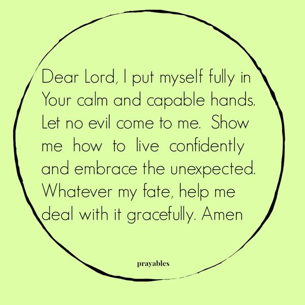 Dear Lord, I put myself fully in Your calm and capable hands. Let no evil come to me. Show me how to live confidently and embrace the unexpected. Whatever my fate, help me deal with it gracefully. Amen