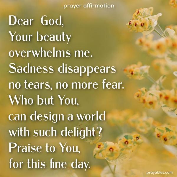 Dear God, Your beauty overwhelms me. Sadness disappears no tears, no more fear. Who but You, can design a world with such delight? Praise to You, for this fine day.