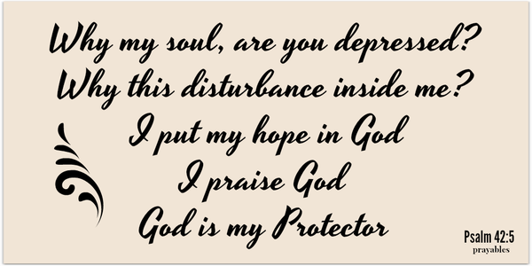 Psalm 42:5 Why my soul, are you depressed? Why this disturbance inside me? I put my hope in God. I praise God. God is my Protector.