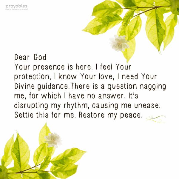 Dear God, Your presence is here. I feel Your protection, I know Your love, I need Your Divine guidance. There is a question nagging me, for which I have no answer. It’s disrupting my
rhythm, causing me unease. Settle this for me. Restore my peace.