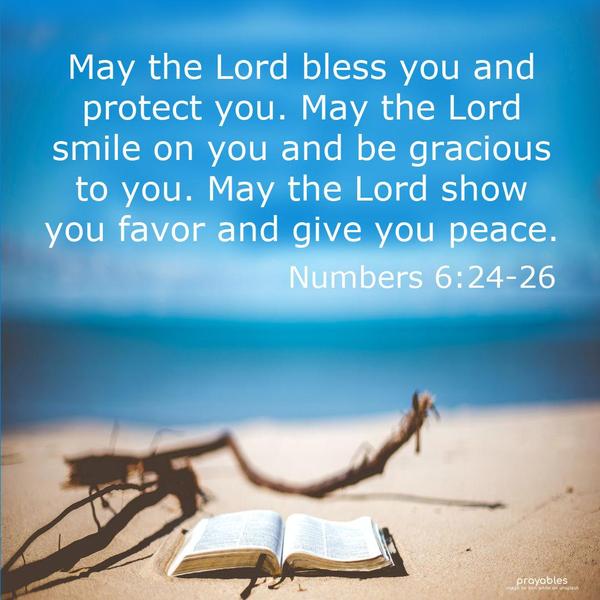 Numbers 6:24-26 May the Lord bless you and protect you. May the Lord smile on you and be gracious to you. May the Lord show you favor and give you peace.