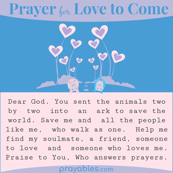 Dear God. You sent the animals two by two into an ark to save the world. Save me and all the people like me, who walk as one. Help me find my
soulmate, a friend, someone to love, and someone to love me. Praise to You, Who answers prayers.