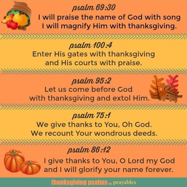Psalm 69:30 I will praise the name of God with song I will magnify Him with thanksgiving. Psalm 100:4 Enter His gates with thanksgiving and His courts with praise. Psalm 95:2 Let us come before God with thanksgiving and extol Him. Psalm 75:1 We give thanks to You, Oh God. We recount Your wondrous deeds. Psalm 86:12 I give thanks to You, O Lord my God
and I will glorify your name forever.