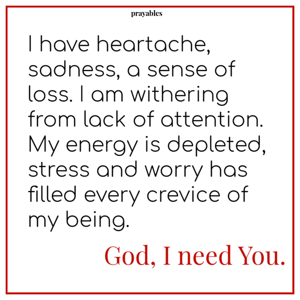 I have heartache, sadness, a sense of loss. I am withering from lack of attention. My energy is depleted,stress and worry has filled every crevice of my being. God I need you.