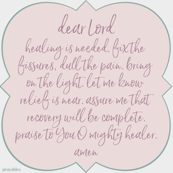 Dear Lord, Healing is needed. Fix the fissures, dull the pain. Bring on the light. Let me know relief is near. Assure me that recovery will be complete. Praise to You O mighty healer. amen