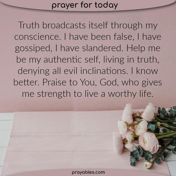 Truth broadcasts itself through my conscience. I have been false, I have gossiped, I have slandered. Help me be my authentic self, living in
truth, denying all evil inclinations. I know better. Praise to You, God, who gives me the strength to live a worthy life.