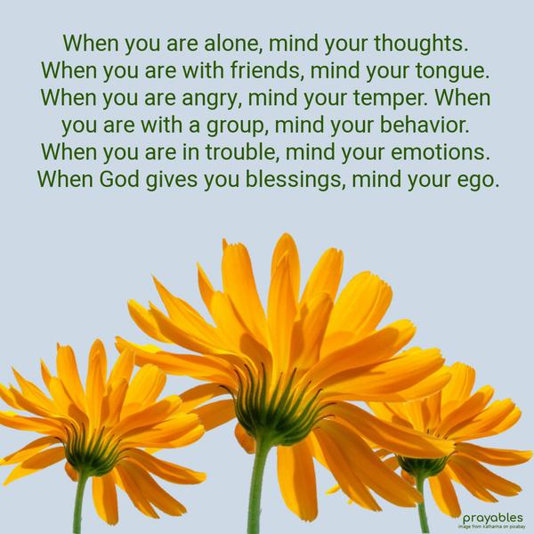 When you are alone, mind your thoughts. When you are with friends, mind your tongue. When you are angry, mind your temper. When you are with a group, mind
your behavior. When you are in trouble, mind your emotions. When God gives you blessings, mind your ego.