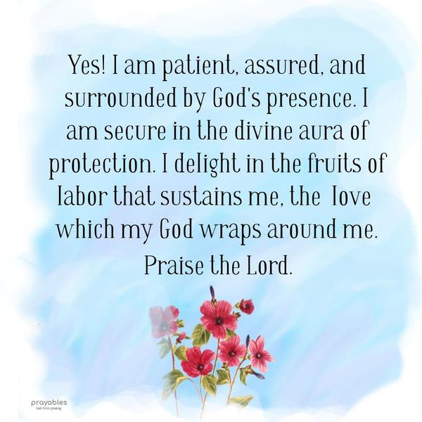 Yes! I am patient, assured, and surrounded by God’s presence. I am secure in the divine aura of protection. I delight in the fruits of labor that sustains me. The love which my God wraps
around me. Praise the Lord.