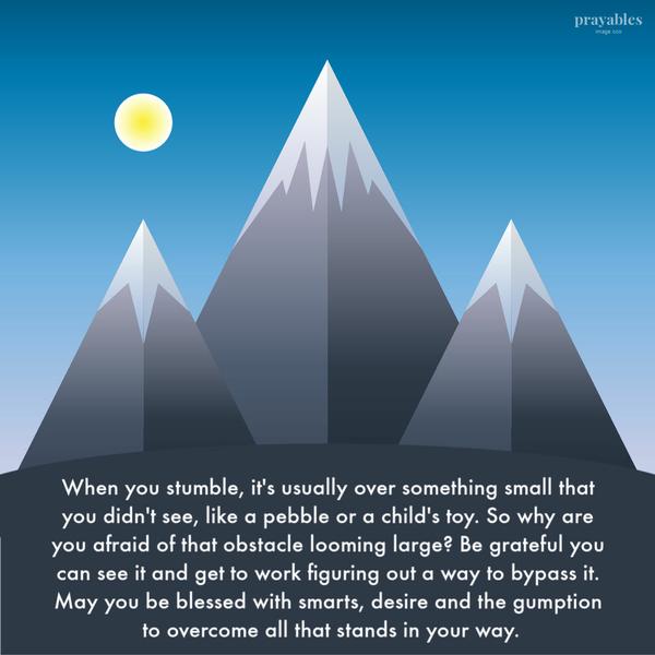 When you stumble, it’s usually over something small that you didn’t see, like a pebble or a child’s toy. So why are you afraid of that obstacle looming large? Be grateful you
can see it and get to work figuring out a way to bypass it. May you be blessed with smarts, desire and the gumption to overcome all that stands in your way.