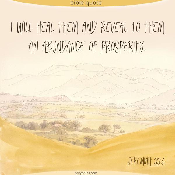 Jeremiah 33:6 I will heal them and reveal to them an abundance of prosperity.