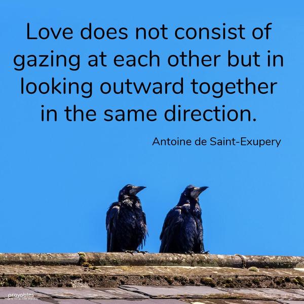 Love does not consist of gazing at each other but in looking outward together in the same direction. Antoine de Saint-Exupery