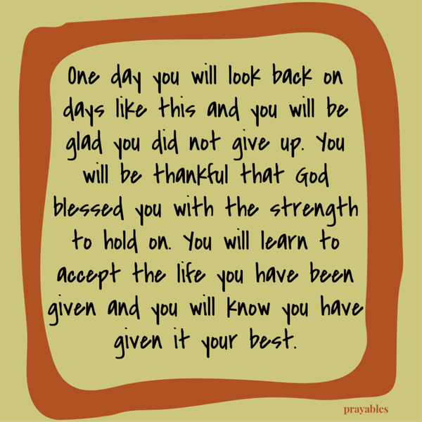 One day you will look back on days like this and you will be glad you did not give up. You will be thankful that God blessed you with the strength to hold on. You will learn to accept the life you have been given and you will know you have
given it your best.